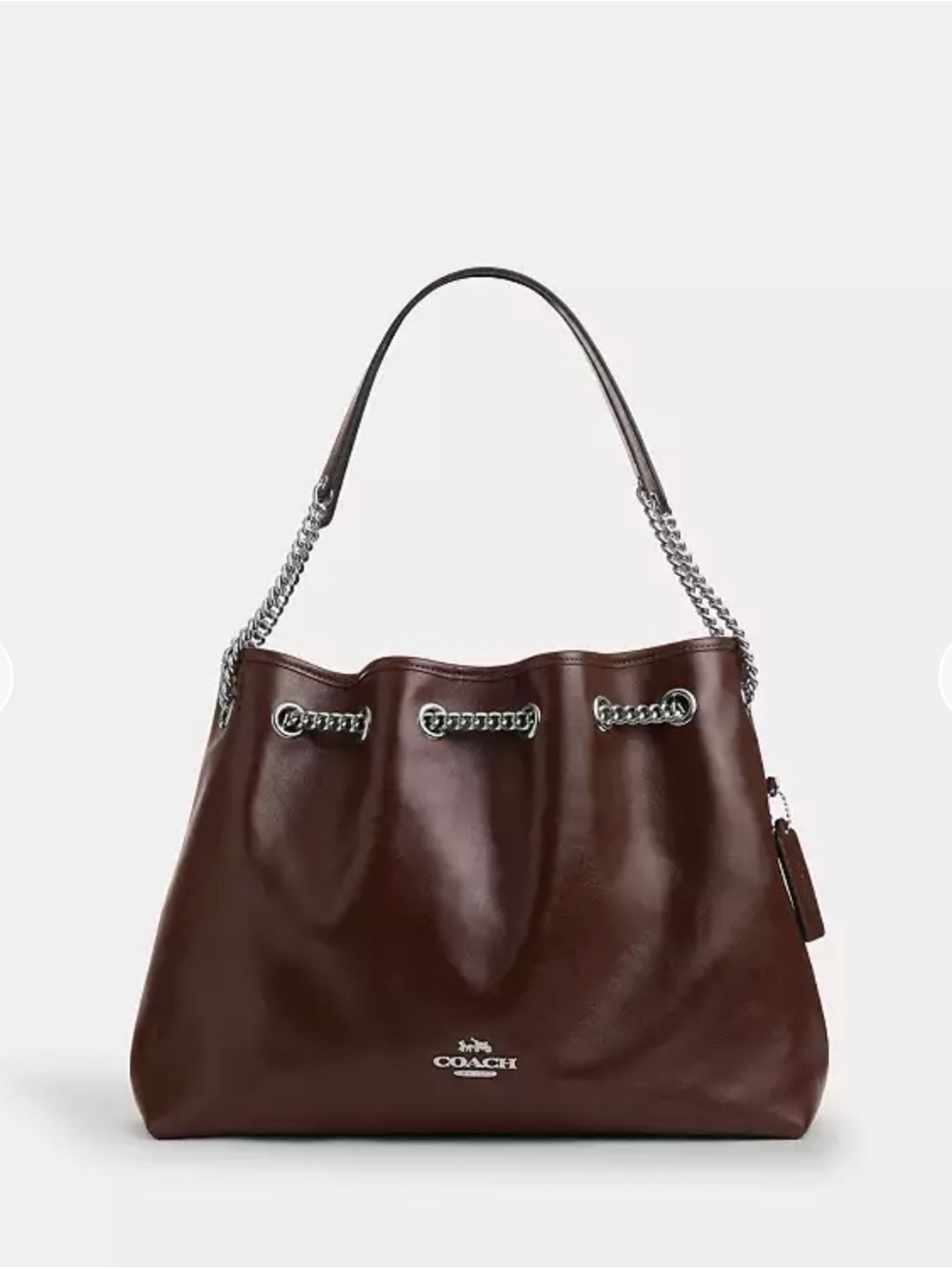 Coach Evelyn Dark Brown Leather Shoulder Bag with Silver Chain
